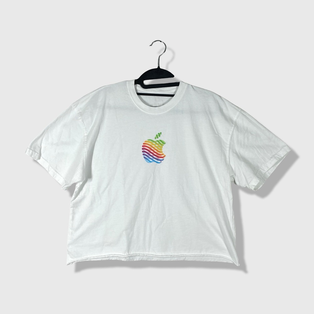 Apple Crop T-Shirt Womens L White Rainbow Logo The Grove Tech Retro Streetwear